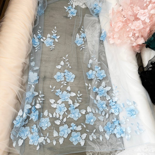 Sky Blue 3D Full Blossom Flower Tulle Lace Fabric , Chic Rosette Wedding Gown Bridal Dress Prom Dress Fabric by Yard