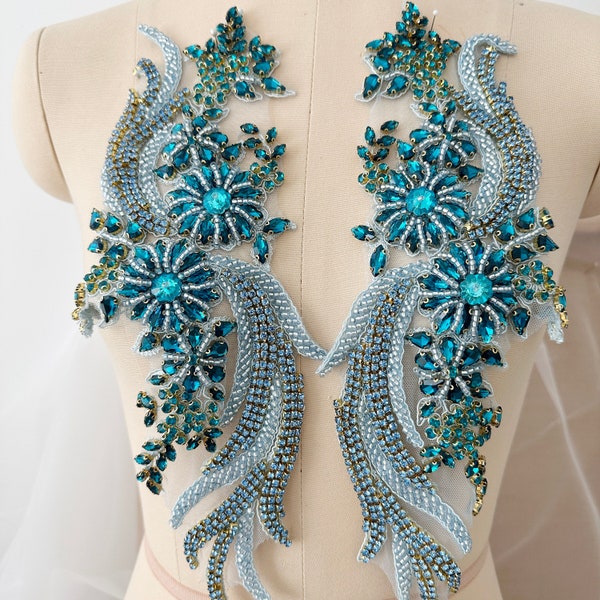 1 Pair Aqua Blue 3D Phoenix Rhinestone Applique Pair Crystal Beaded Bridal Gown Bodice Cape Couture Crystal Applique
