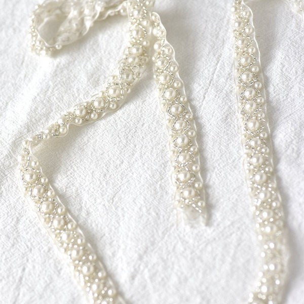 4.5 Yards Exquisite Pearl Beaded Lace Trim , Bridal Veil Lace, Scallop Wedding Gown Lace Trim , Bridal Dress Straps