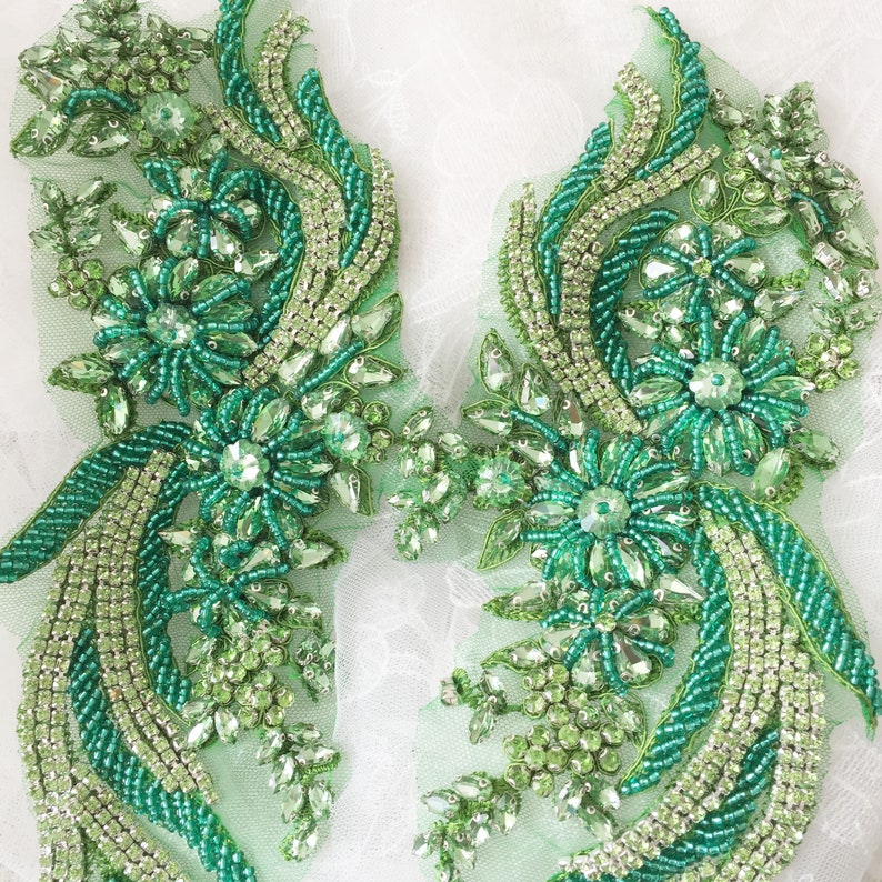 Frisches Grün Delicate Phoenix Strass Applikation Paar Kristall Perlen Brautkleid Mieder Cape Couture Kristall Applikation Bild 3