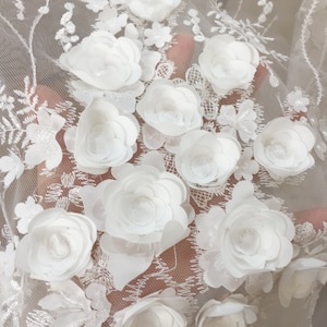 Exquisite Sequined 3D Lace Fabric with Shabby Chic Rosette , Bridal Dress Wedding Gown Fabric by Yard , Leaf Emrboidery Lace Fabric