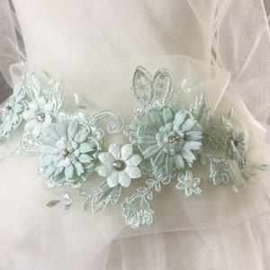 3D Beaded Bridal Lace Applique in Mint Green for Wedding Belt Applique, Veils, Headbands, Sash applique, Garters image 4