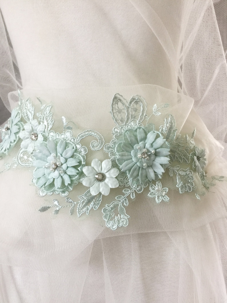 3D Beaded Bridal Lace Applique in Mint Green for Wedding Belt Applique, Veils, Headbands, Sash applique, Garters image 4