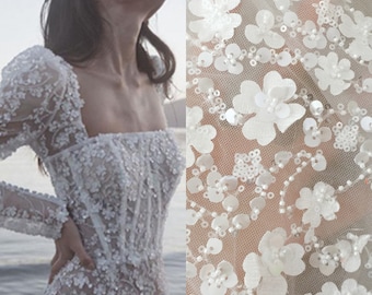 1 Yard 3D Beading Ivory Laser Cut Flower Blossom Embroidery Lace Fabric by Yard for Wedding Gown Prom Dress Bridal Veils