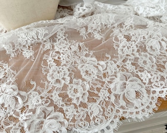 3 yards Exquisite French Alencon Lace Fabric Trim ,beautiful Bridal Veil Wedding Lace Scallop Embroidered Eyelash Floral Trim Lace