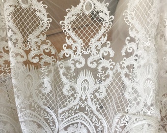 Embroidered Bridal Lace Fabric: Off White Retro Floral Mesh, 55" Wide
