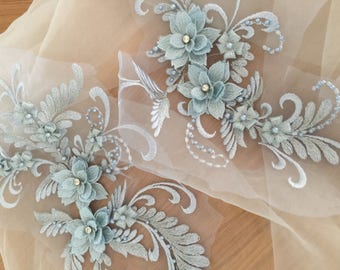 Exquisite Pearl Beaded 3D Lace Applique Set in Smoke Blue,Metalic Bridal Wedding Gown Applique,  Bridal Dress Decor, Bodice