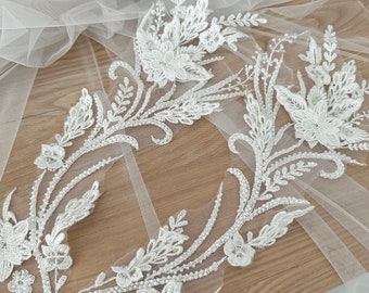 1 Pair Ivory 3D Beaded lace appliqué flower embroidered flowers lace applique, lower motif bodice applique for wedding dress veil
