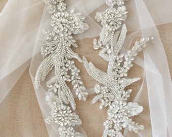 Delicada hoja de pedrería Aplique Par de cristal Vestido de novia con cuentas Corpiño Cape Couture Crystal Applique
