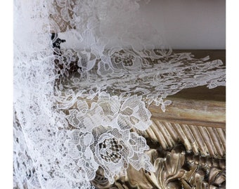 Ivory Alencon Lace Fabric, Crochet Rose Flower Embroidery, Bridal Wedding Gown