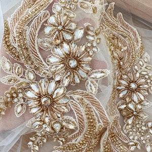 Champagne Gold Phoenix Rhinestone Applique Pair Crystal Beaded Bridal Gown Bodice Cape Couture Crystal Applique
