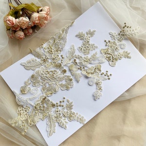 1 Pair Exquisite Gold Alencon Bridal Lace Applique  for Wedding Accessories, Costumes Design, Garters