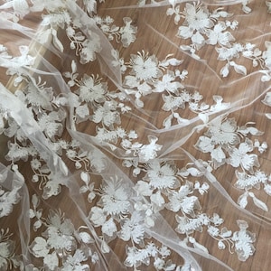 1 yard sequin lace fabric in ivory, flroal embroidery wedding gown lace fabric, top quality sequined lace fabric