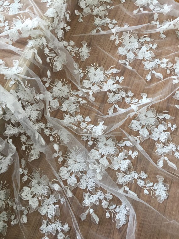One Yard Beaded Lace Fabric in Ivory Flroal Embroidery Wedding Gown Lace Fabric Top Quality Sequined Lace Fabric Etsy Canada