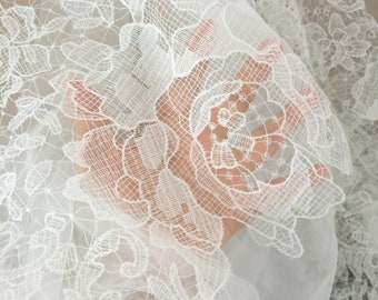 Ivory Alencon Lace Fabric, Crochet Rose, Bridal Wedding Gown, 1 Yard