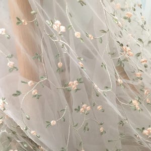 Floral Embroidery Tulle Lace Fabric with Light Green Pink Leaf Pattern , Ivory Tulle Bridal Baby Dress Lace Fabric