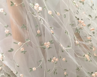 Tela de encaje de tul con bordado floral: Material para vestido de novia color marfil