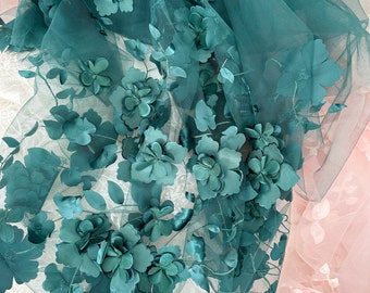 Green 3D Full Blossom Flower Tulle Lace Fabric, Chic Rosette Wedding Gown Bridal Dress Prom Dress Fabric by Yard