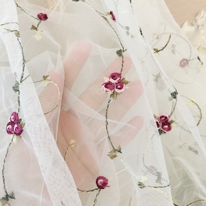 Fresh Floral Embroidery Tulle Lace Fabric with Pink Rosette , Ivory Tulle Bridal Baby Dress Lace Fabric