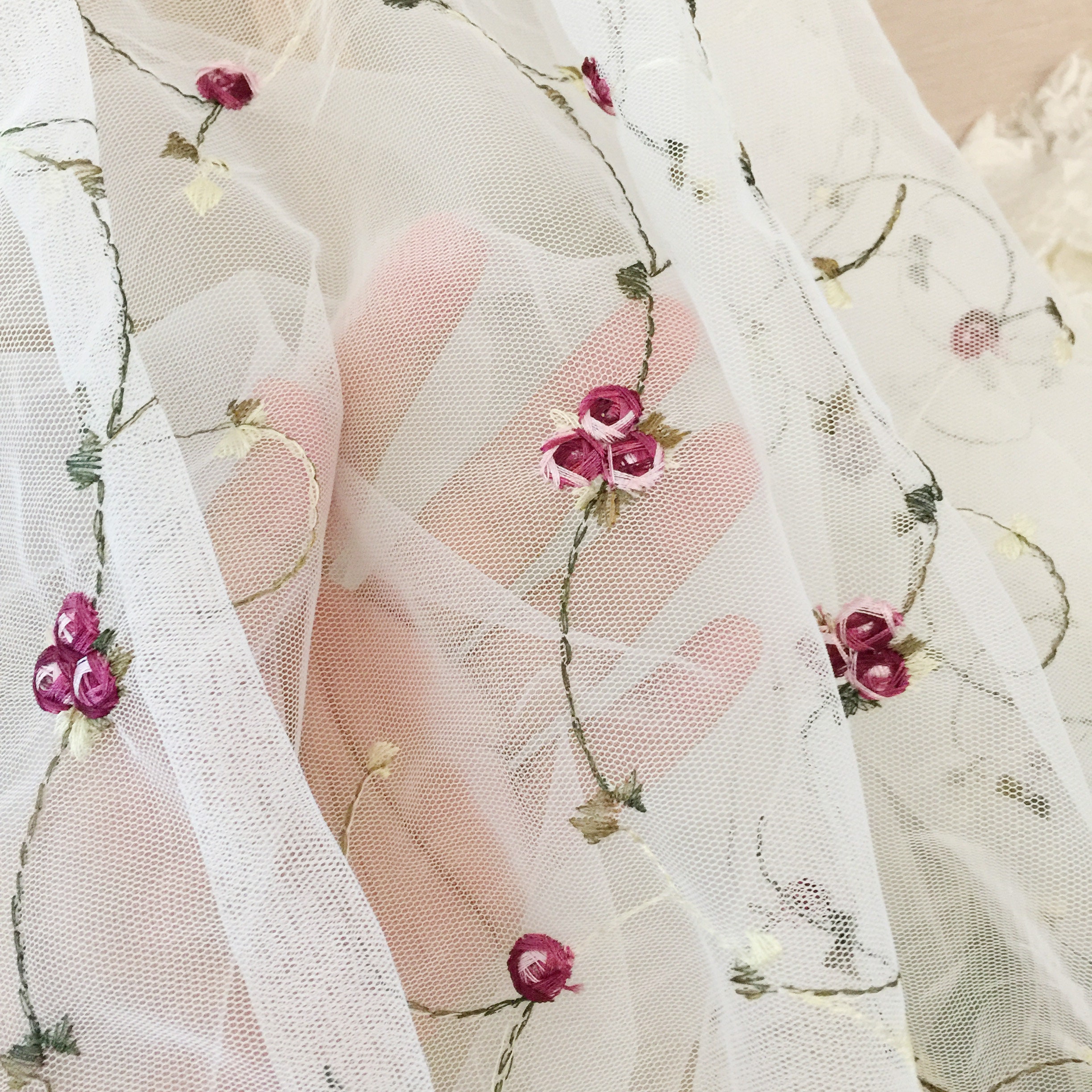 Fresh Floral Embroidery Tulle Lace Fabric With Pink Rosette - Etsy