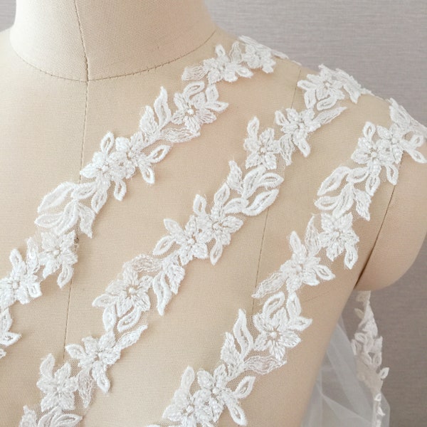 10 Yards Exquisite Slim Pearl Beaded Alencon Lace Trim , Bridal Veil Lace, Scallop Wedding Gown Lace Trim , Bridal Dress Straps