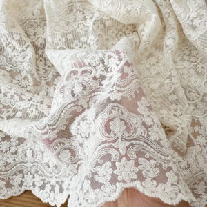 Ecru Cotton Embroidery Lace Fabric by yard, Soft Tulle Lace Fabric, Wedding Fabric, Cotton Embroidered Lace by Yard