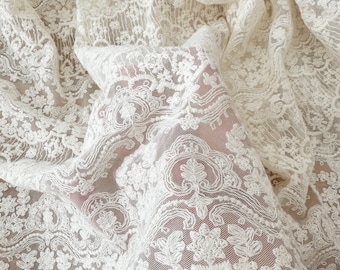 Tissu dentelle à broder en coton écru : tulle floral doux, matériau pour robe de mariée