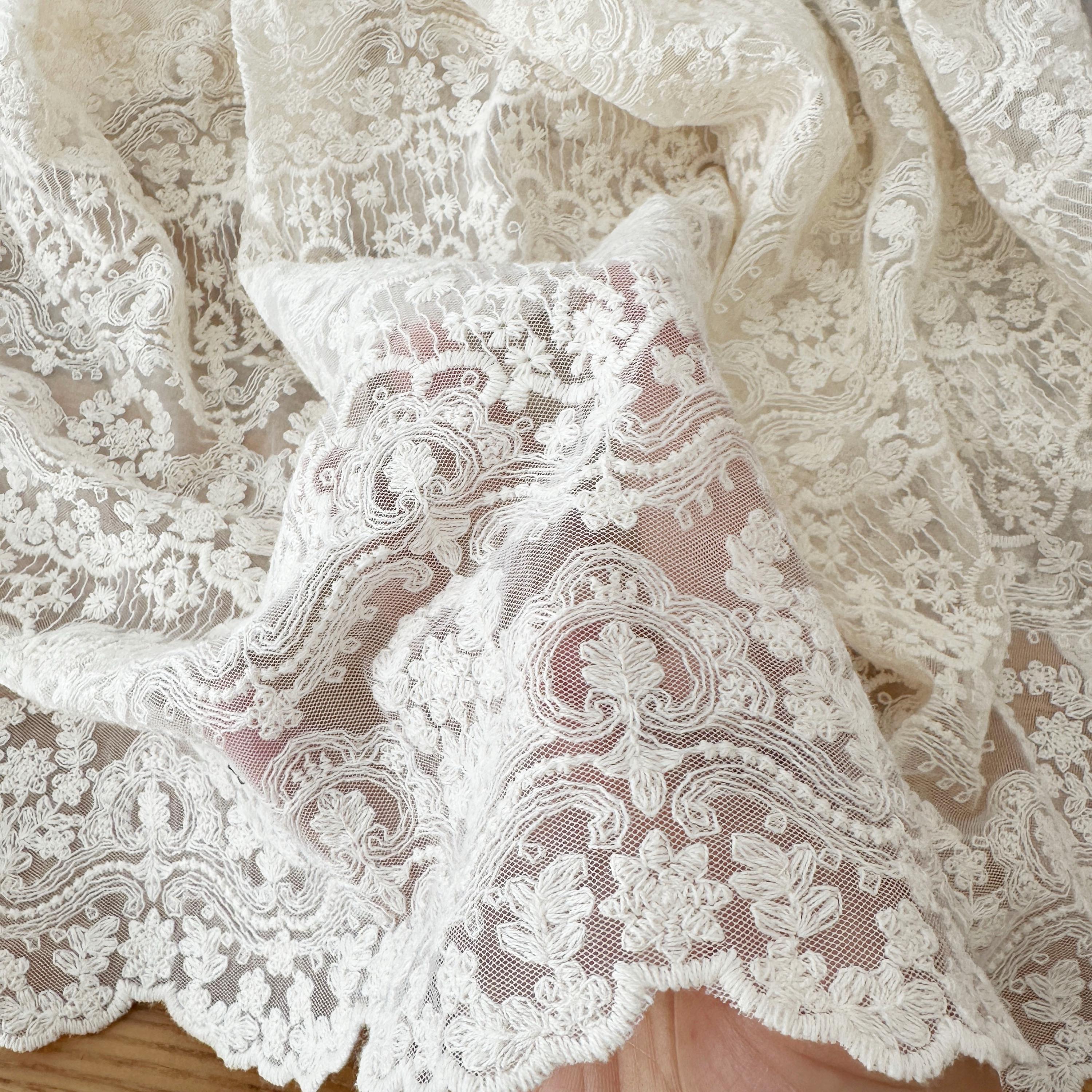 Ecru Cotton Embroidery Lace Fabric: Soft Floral Tulle, Bridal Gown