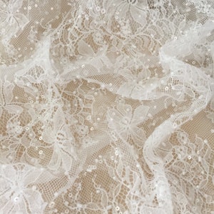 3D Beaded French Chantilly Lace Fabric, Ivory Sequin Floral Embroidery Lace Fabric by Yard