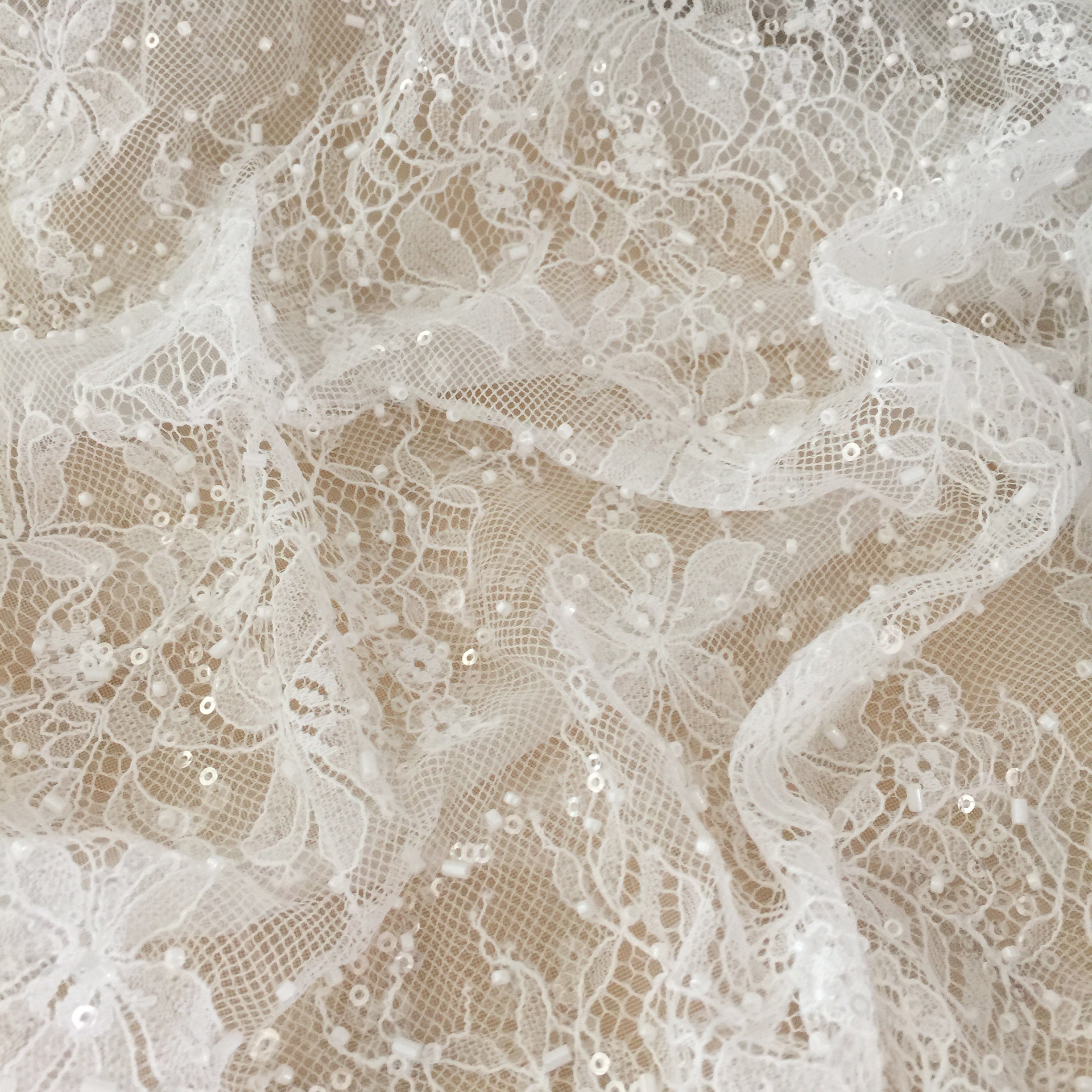 3D Beaded French Chantilly Lace Fabric, Ivory Sequin Floral