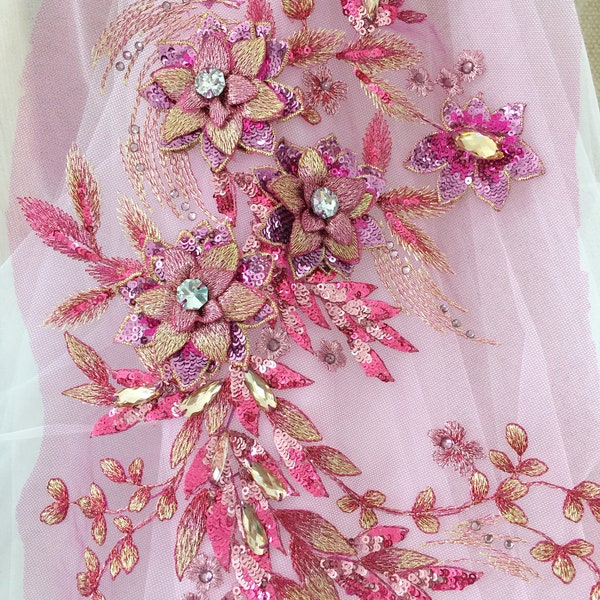 13 colors Delicate 3D Rhinestone Beaded Flower Lace Applique in Hot Pink ,3D Flowers Lace Fabric wedding dress stage clothing evening