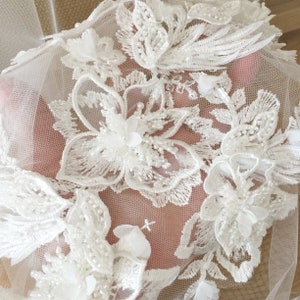 Hand Beaded 3D Lace Applique for Wedding Dress, Flower and Leaf Lace Applique, Bridal Gown Lace Applique, Bridal Veil Lace, Light Ivory