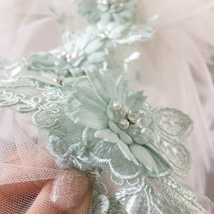 3D Beaded Bridal Lace Applique in Mint Green for Wedding Belt Applique, Veils, Headbands, Sash applique, Garters image 6