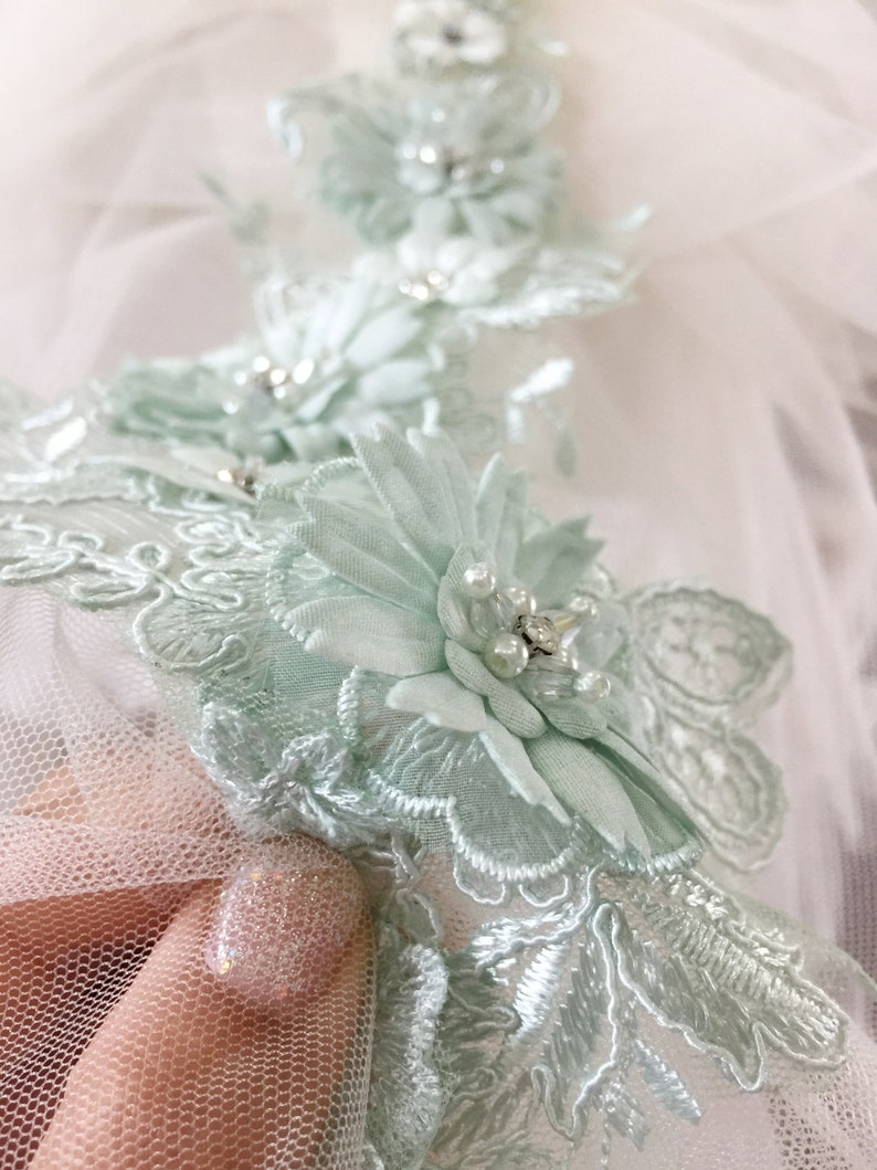 3D Beaded Bridal Lace Applique in Mint Green for Wedding Belt Applique, Veils, Headbands, Sash applique, Garters image 6