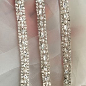 1 yard Thin rhinestone and crystal beaded lace trim for wedding belt, bridal sash, wedding gown straps ,bridesmaids belt,rhinestone hairband