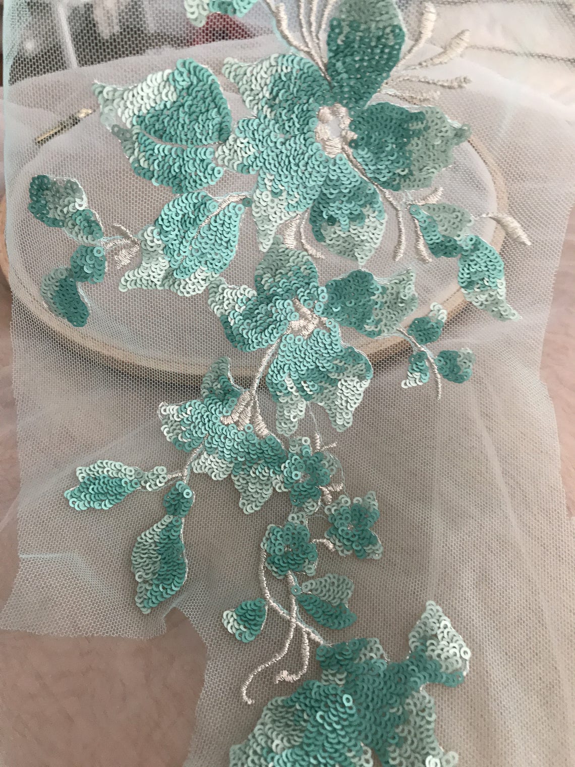 aqua floral applique gown