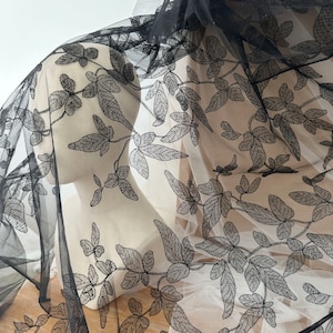 1 Yard Exquisite Sequin Alencon Lace Fabric with Leaf Black Floral Emrboidery Fabric for Wedding Gown, Lace Caps