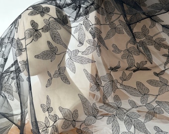 Sequin Alencon Lace Fabric, Black Floral Leaf Embroidery, Wedding Gown Lace