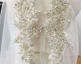 Couture Rhinestone Beaded Applique, Bridal Gown Bodice Applique Crystal Beading en Plata