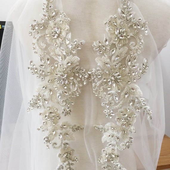 Rhinestone Appliques For Dresses Couture Rhinestone Beaded Applique, Bridal  Gown Bodice Applique Crystal Beading In Silver