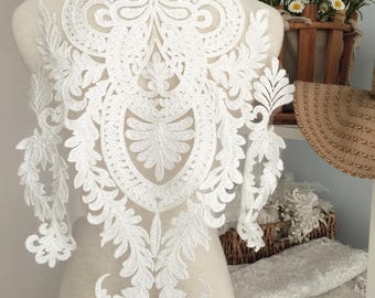 Gorgeous Large Embroidery Lace Applique , Illusion Bridal Gown Back Applique Piece for Hem, Bodice, Back Top
