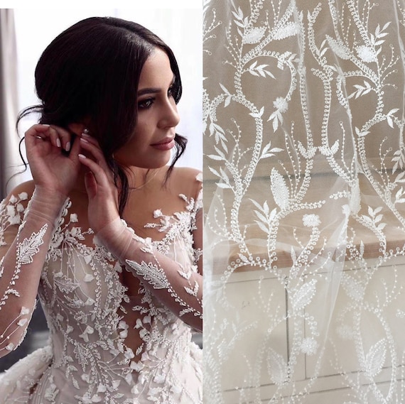 Off White 3D Beaded Geometric Couture Lace Fabric With Stripe  Design,wedding Dress Bridal Lace Fabric by Yard 