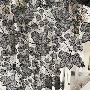 1 Yard Exquisite Black Alencon Lace Fabric with Circles in Ivory Black Floral Emrboidery Fabric for Wedding Gown, Lace Caps