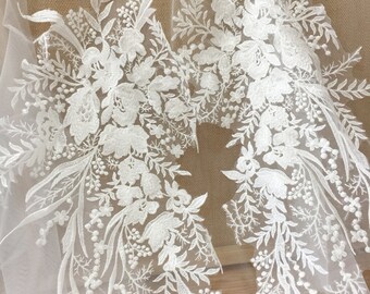 Delicate floral embroidery bridal lace appliuque with clear sequin, wedding veils dress bodice lace motif off white color