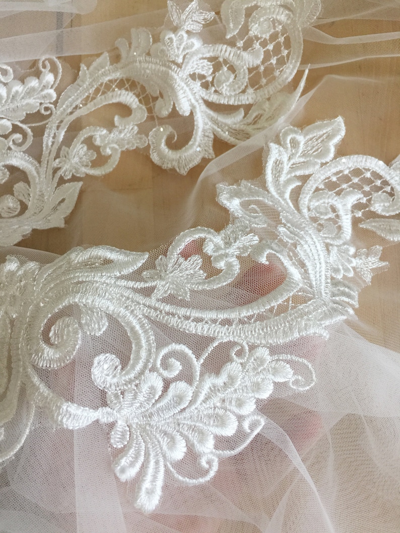 Clear Sequin Floral Embroidery Lace Applique Pair Nice Bridal Lace Motif Patch 30x8 cm