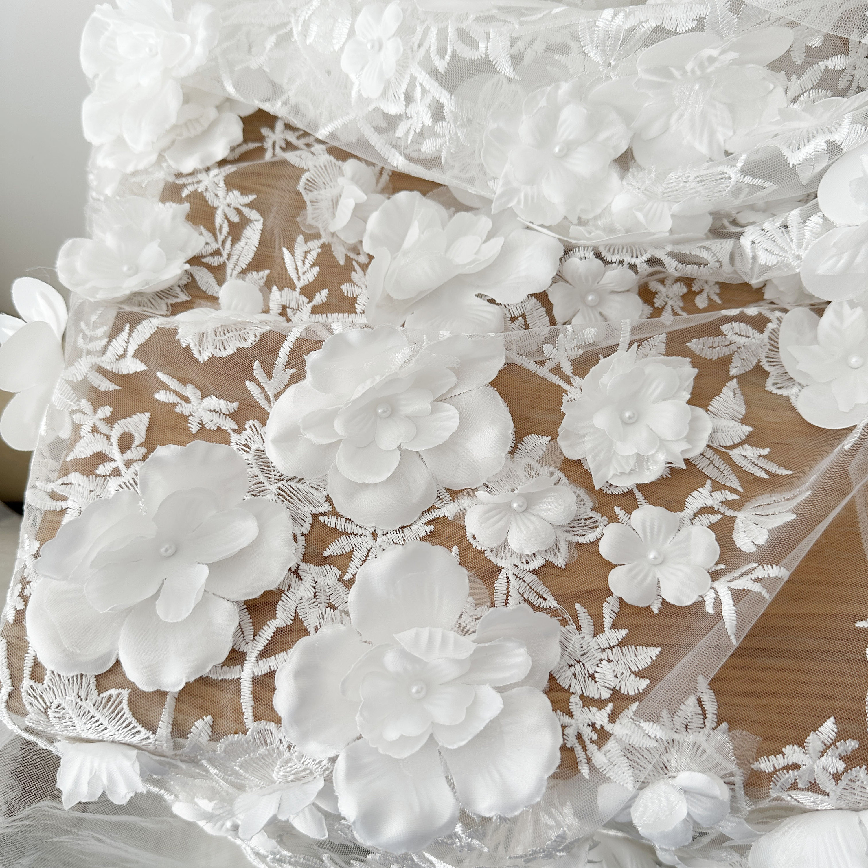 1 Yard 3D Pearl Beaded Flower Lace Fabric With 3D Ribbon Flowers