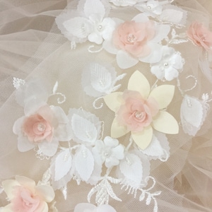 Exquisite 3D Handmade Beaded Flower Lace Applique in baby Pink Ivory Mix Color , Soft Tulle Bridal Hair Flower HeadPiece Garter Applique