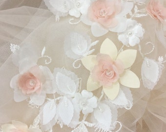 3D Beaded Flower Lace Applique, Baby Pink & Ivory Tulle, Handmade Headpiece