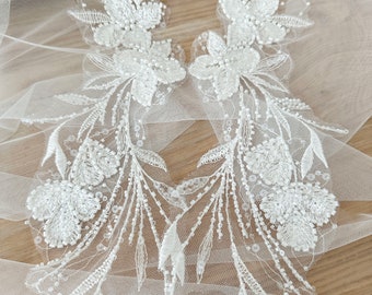 1 Pair Ivory  3D Beading bridal lace appliuque with clear sequin, wedding veils dress bodice lace motif