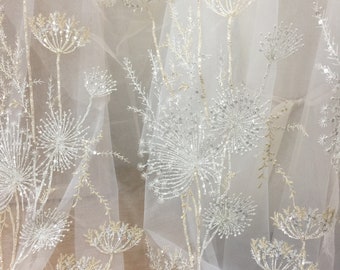 Quality 3D Beaded and Sequin Mesh Embroidery Lace Fabric with Dandelion , Champagne Haute Couture Fabric by Yard